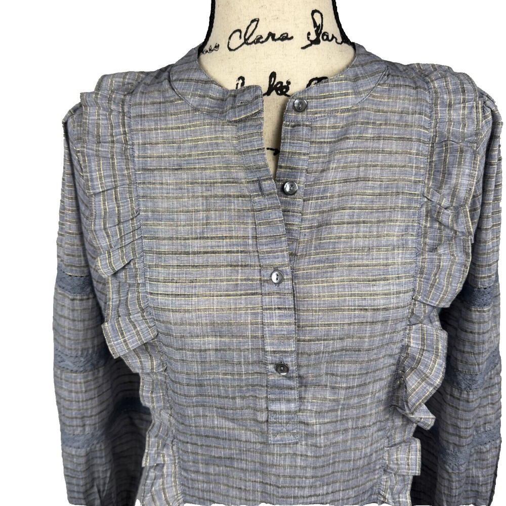 FRNCH Paris Blouse Jada Stripe Ruffled Metallic Medium Cottagecore Peasant Blue - Picture 2 of 15